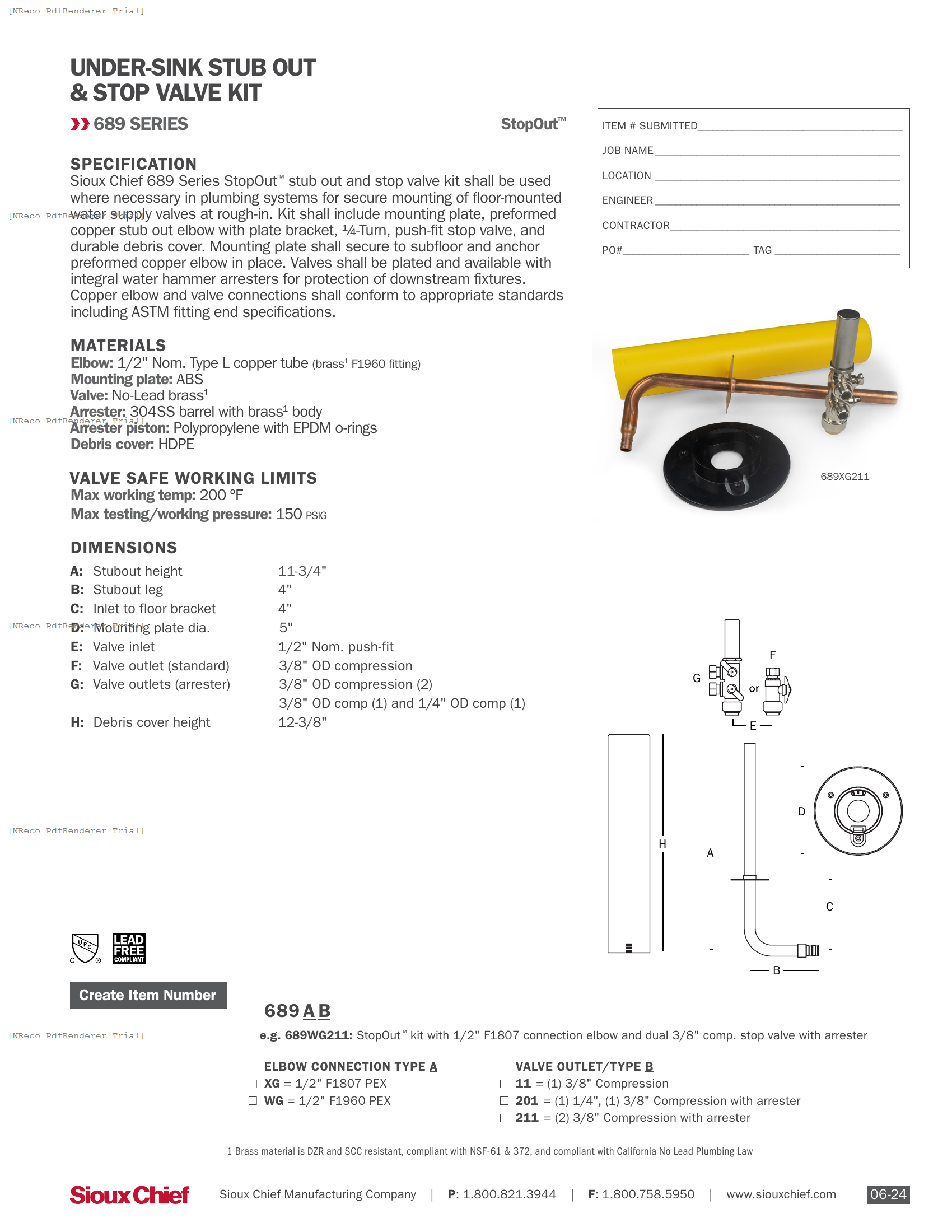689 SERIES - STOPOUT UNDERSINK KIT - SPEC SHEET.PDF Specification Document